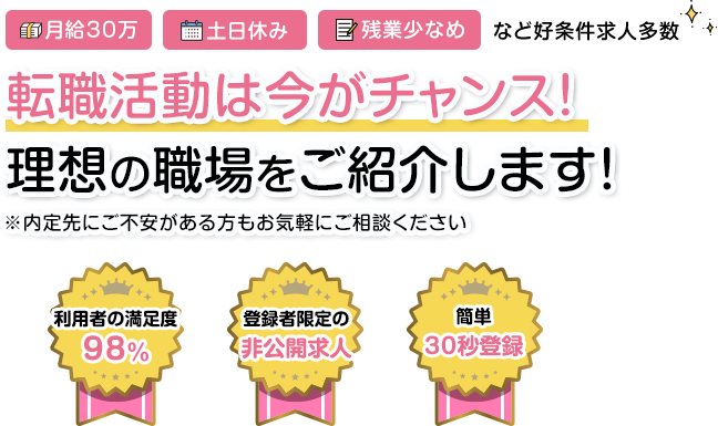 月給30万 土日休み 残業少なめなど好条件多数 転職活動は今がチャンス！理想の職場をご紹介します！※内定先にご不安がある方もお気軽にご相談ください 利用者満足度98% 登録者限定の非公開求人 かんたん30秒登録